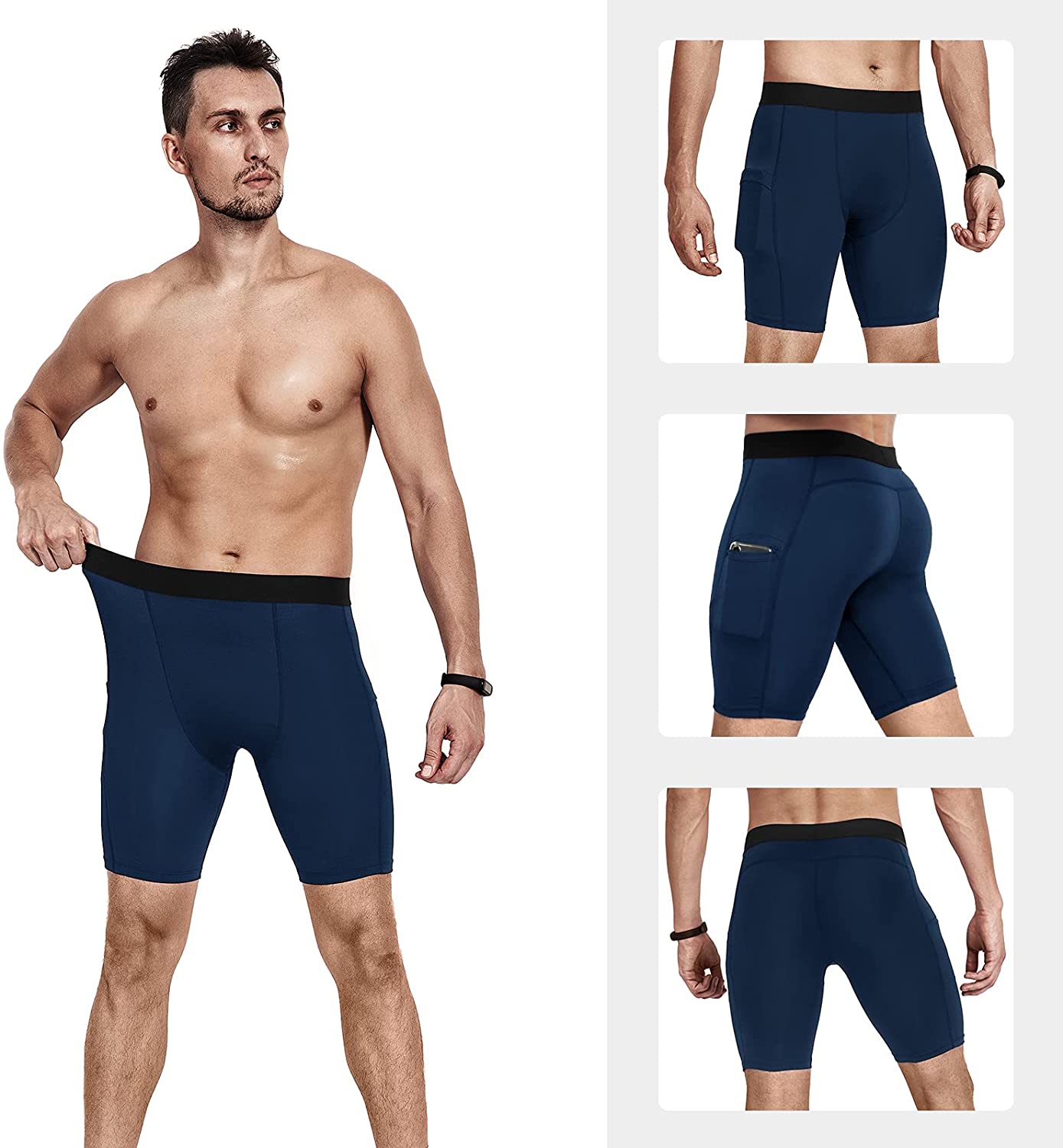 LANBAOSI 3 Pack Men Compression Shorts with Pocket Athletic Running Workout  Underwear Size M